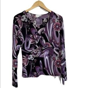 Y2K Women's XL Babydoll Blouse Purple Funky Mod Floral V-Neck Long Sleeve Boho